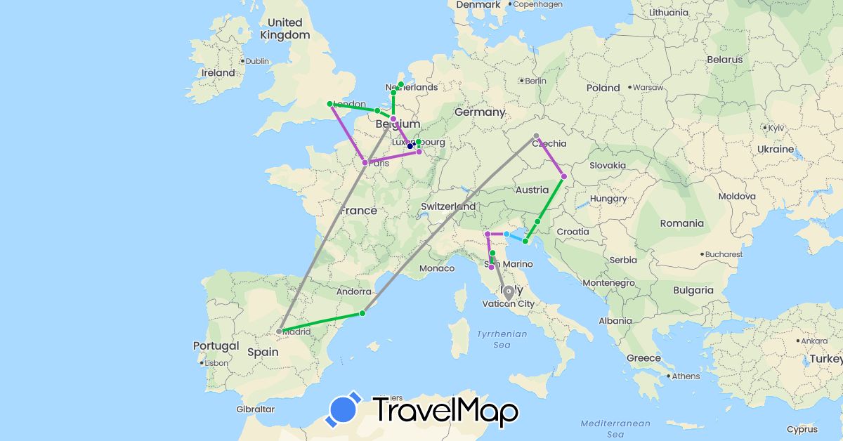 TravelMap itinerary: driving, bus, plane, train, boat in Austria, Belgium, Czech Republic, Spain, France, United Kingdom, Croatia, Italy, Luxembourg, Netherlands, Slovenia (Europe)